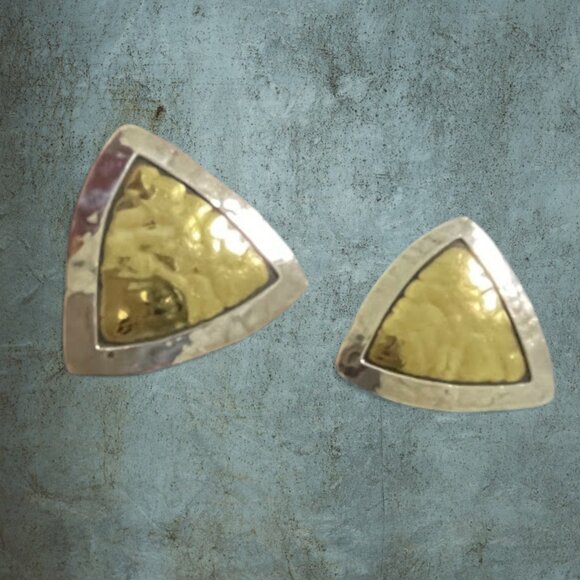 Vintage Jeep Collins Triangle Earrings Sterling Silver Brass Modernist Clip On - Picture 7 of 16